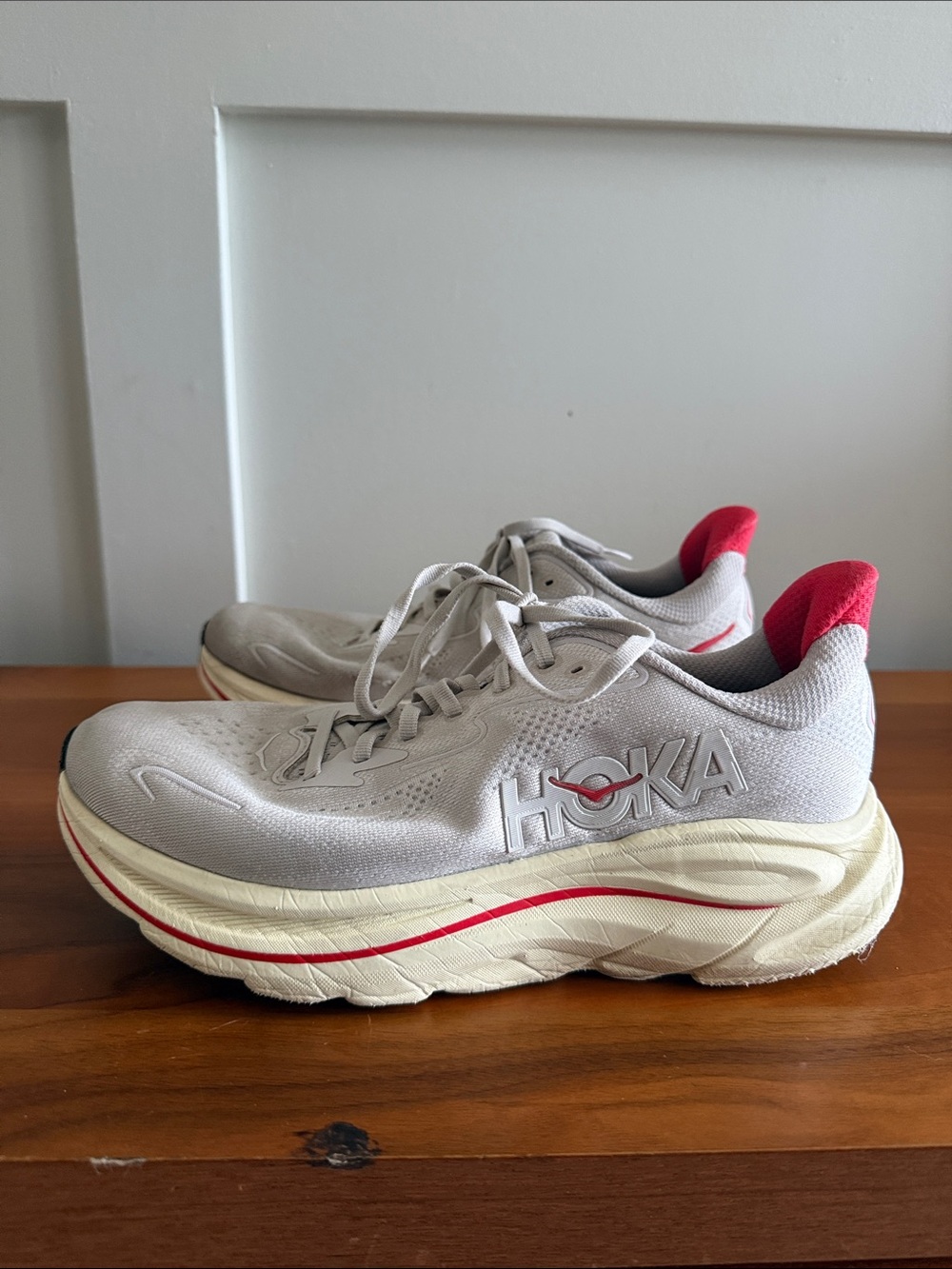 Hoka Women's White and Red Clifton 10 Running Shoes